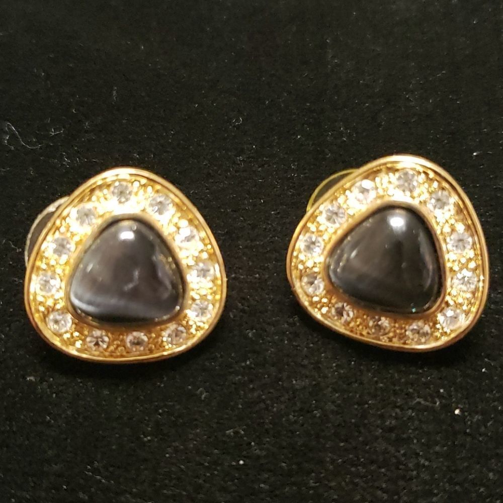 Goldtone Triangle Stone Black White Rhinestone Earrings